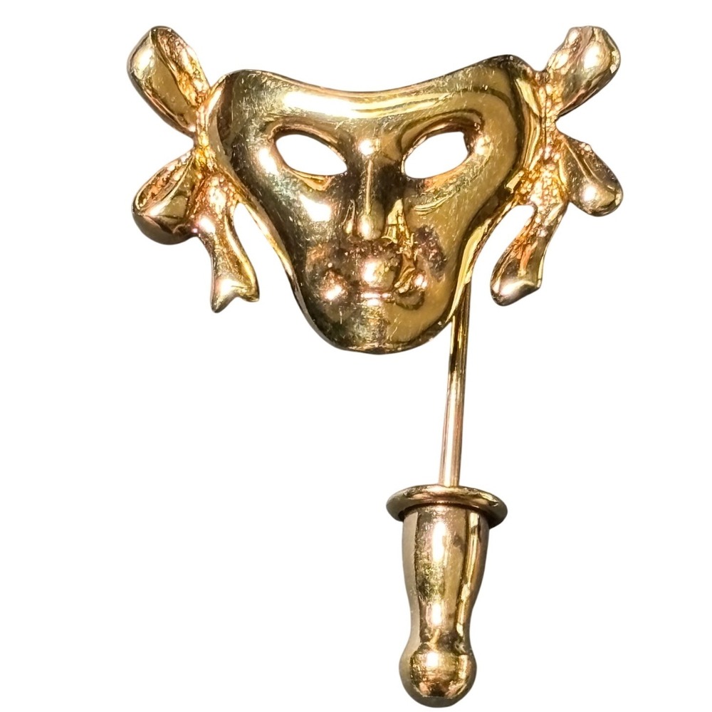 Monet Gold Tone Theater Mask Stick Pin Vintage Comedy Tragedy Bow Lapel Pin
